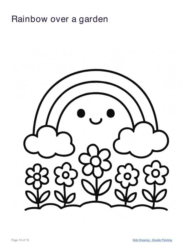 Rainbow over a garden coloring page