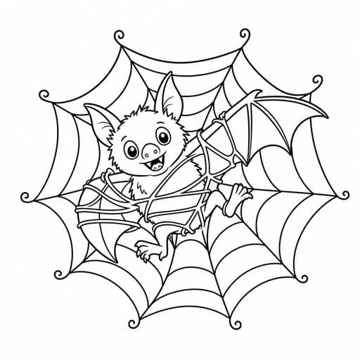 Bat tangled in a spiderweb coloring page