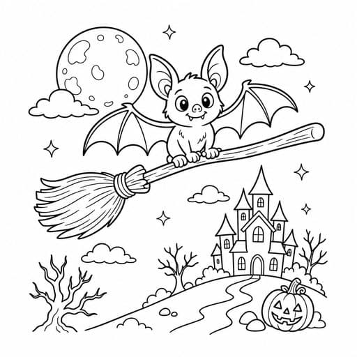 Bat riding a witch's broomstick coloring page