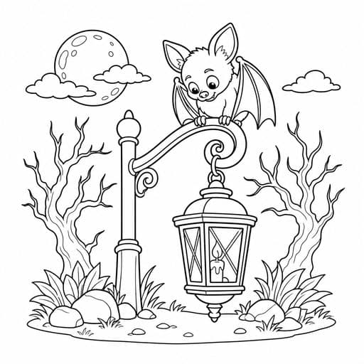 Bat perched on a lantern hook coloring page