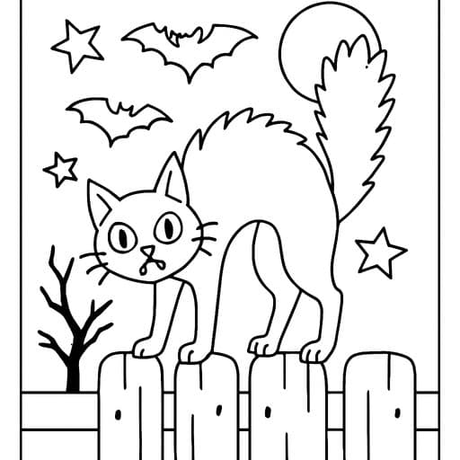 Spooked black cat on a fence coloring page