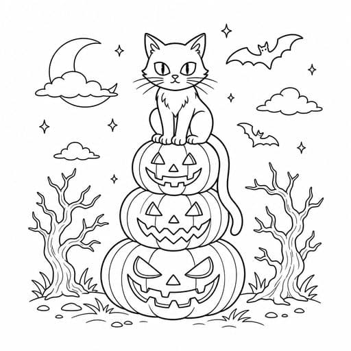 Black cat perched on pumpkins coloring page