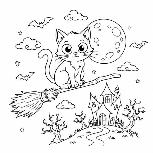 Black cat on a broomstick coloring page