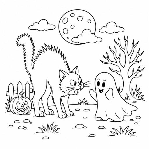 Black cat facing a friendly ghost coloring page