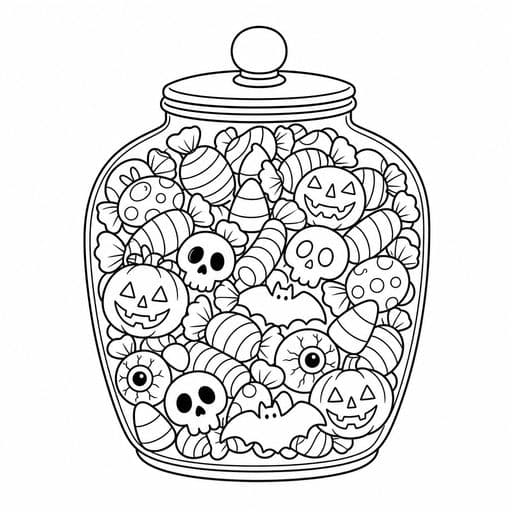 Jar of Halloween candy coloring page