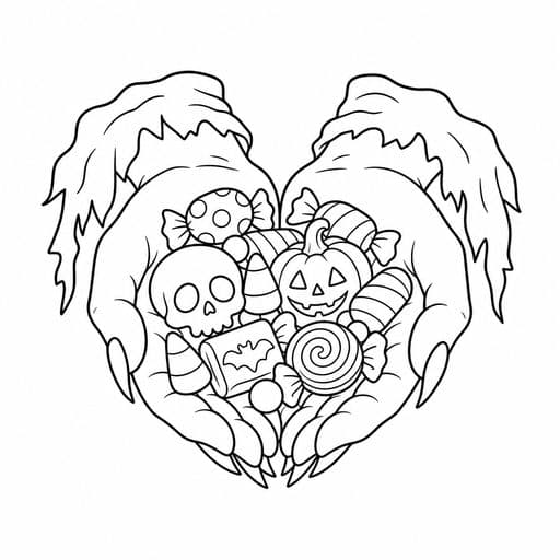 Handful of Halloween candy coloring page