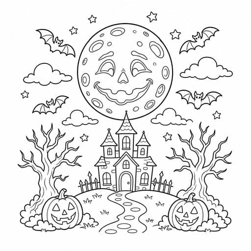 Full moon with a spooky face coloring page