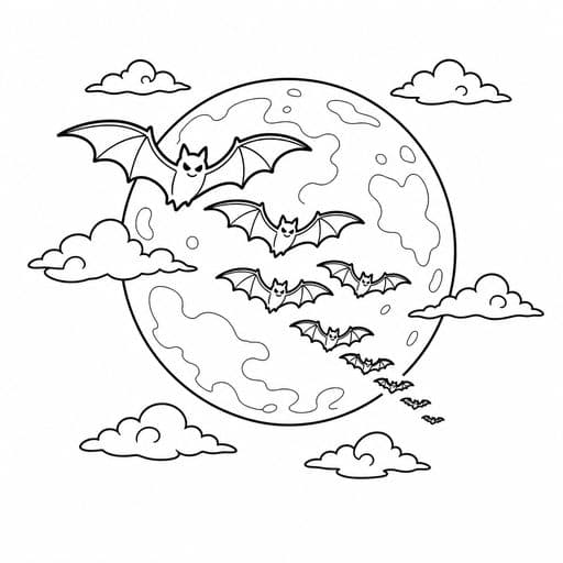 Full moon with a V-formation of bats coloring page