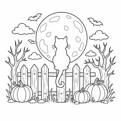 Full moon with a black cat silhouette coloring page
