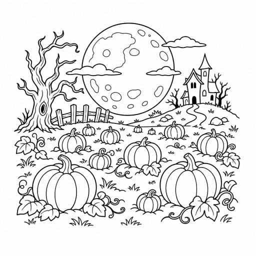 Full moon rising over a pumpkin patch coloring page