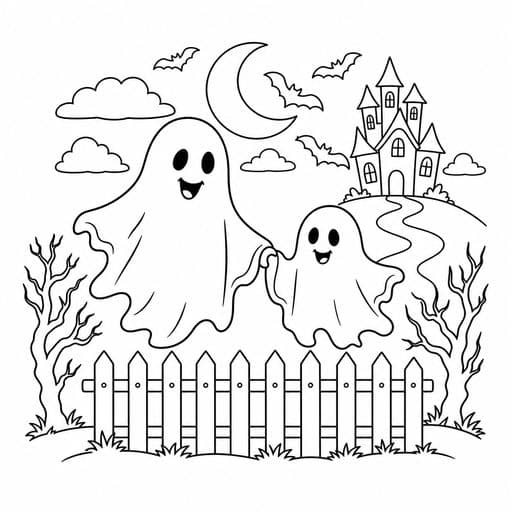 Two ghosts holding hands coloring page