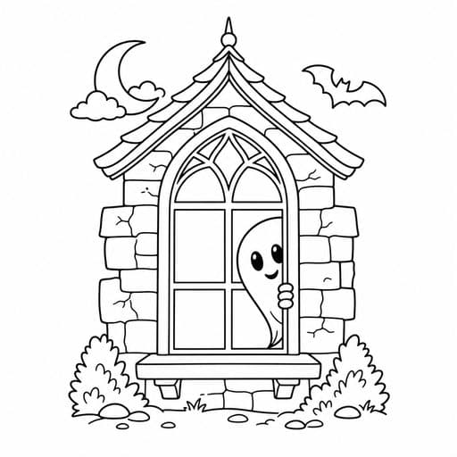 Ghost peeking from a haunted-house window coloring page