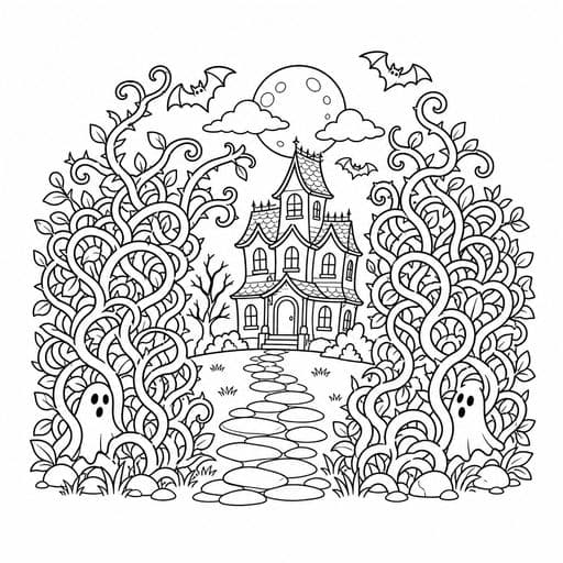Haunted house glimpsed through a hedge coloring page