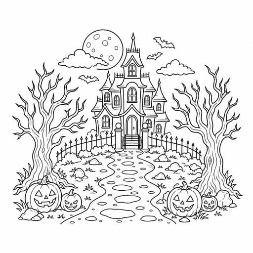 Path leading to a haunted house coloring page
