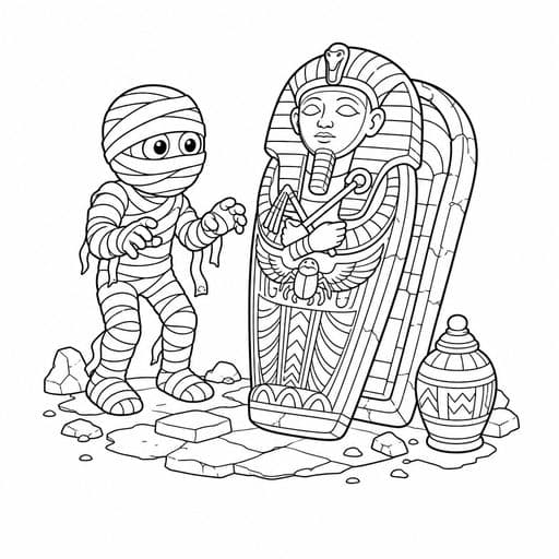 Mummy standing beside a sarcophagus coloring page