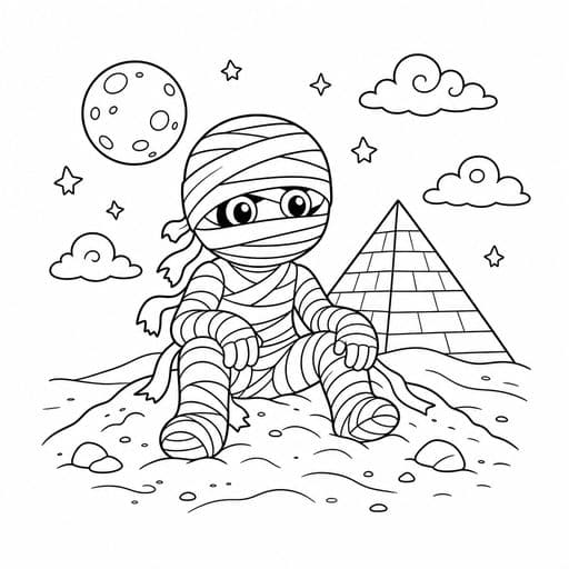 Mummy sitting near a pyramid coloring page