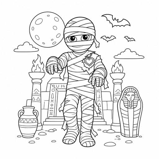 Mummy with a heart-shaped amulet coloring page