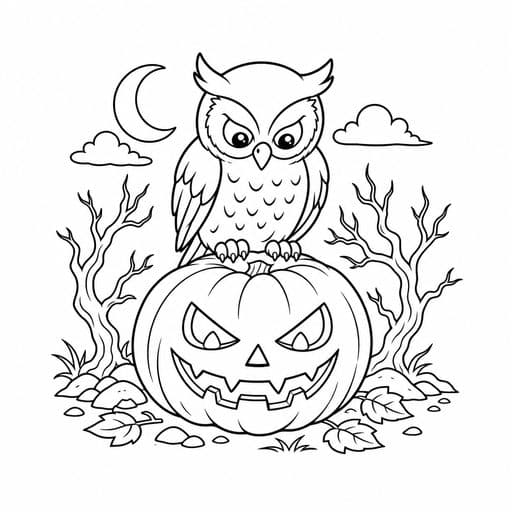 Owl perched on a jack-o'-lantern coloring page