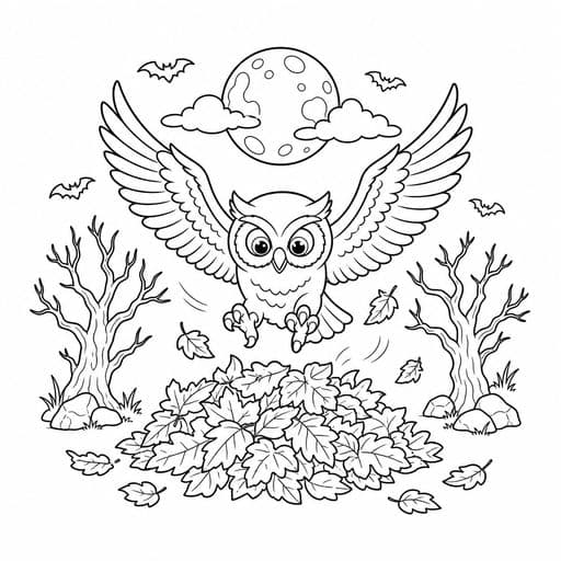 Owl swooping over autumn leaves coloring page