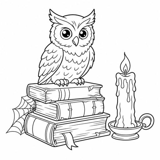 Owl perched on a stack of books coloring page