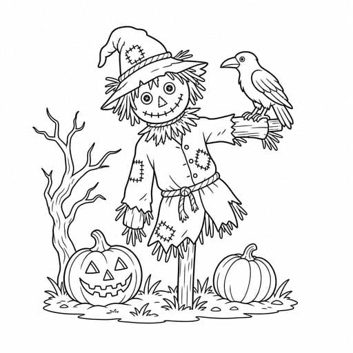Scarecrow with a crow on its arm coloring page