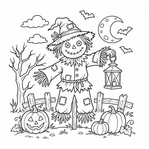 Scarecrow holding a lantern coloring page