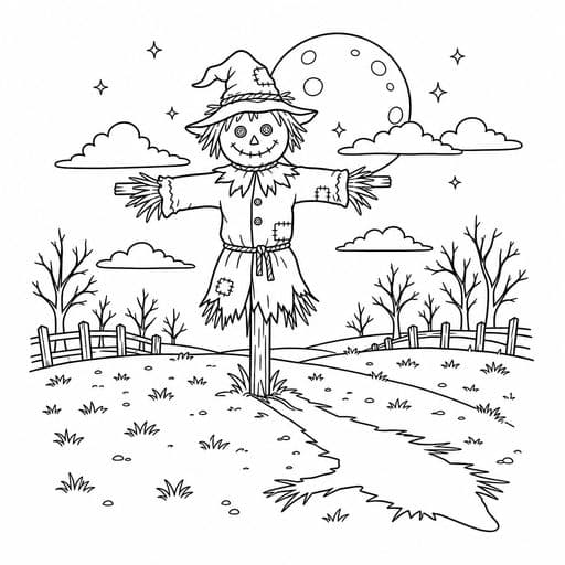 Scarecrow standing in a moonlit field coloring page
