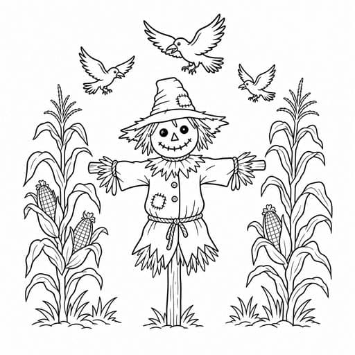 Scarecrow standing among cornstalks coloring page