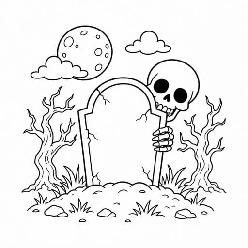 Skeleton peeking behind a tombstone coloring page