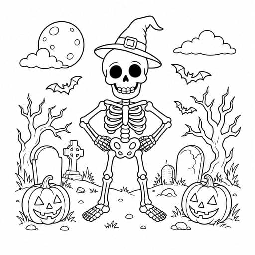 Skeleton wearing a witch hat coloring page