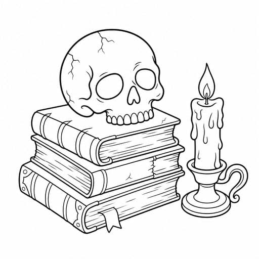 Skeleton skull resting on books coloring page