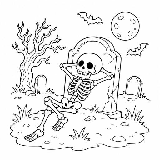 Skeleton relaxing against a tombstone coloring page
