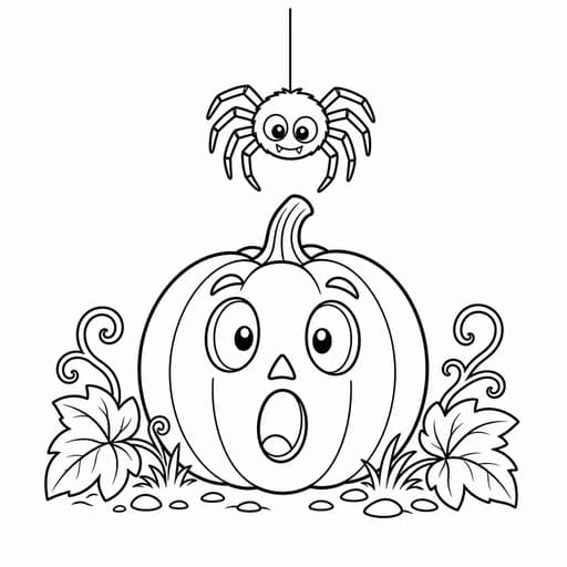 Spider dangling above a pumpkin coloring page