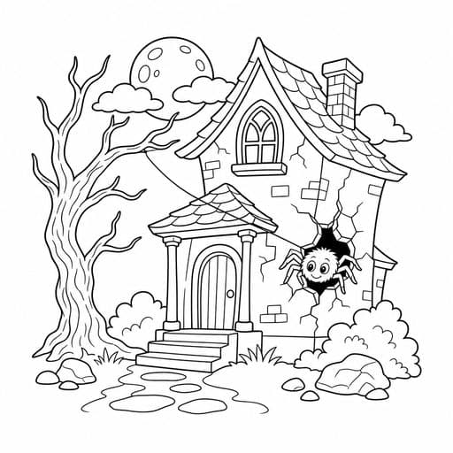 Spider peeking from a haunted-house wall coloring page