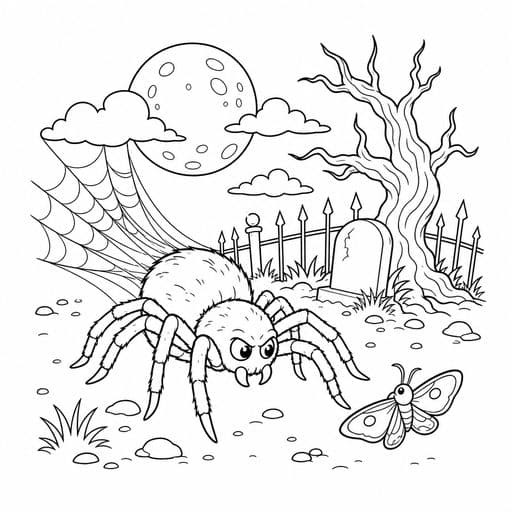 Spider crawling toward a moth coloring page