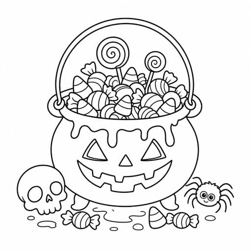 Cauldron-shaped trick-or-treat bucket coloring page