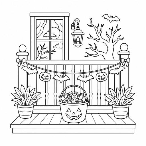 Porch railing decorated with bat garland coloring page