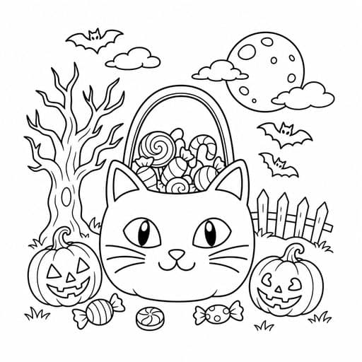 Black-cat-shaped trick-or-treat bag coloring page