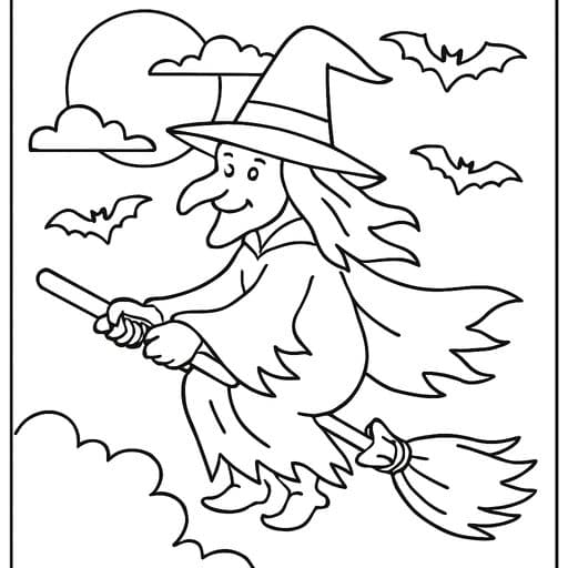 Witch flying on a broomstick coloring page