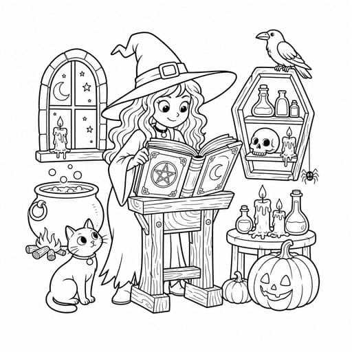 Witch reading a spellbook coloring page