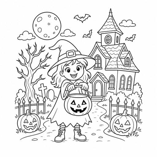 Young witch trick-or-treating coloring page
