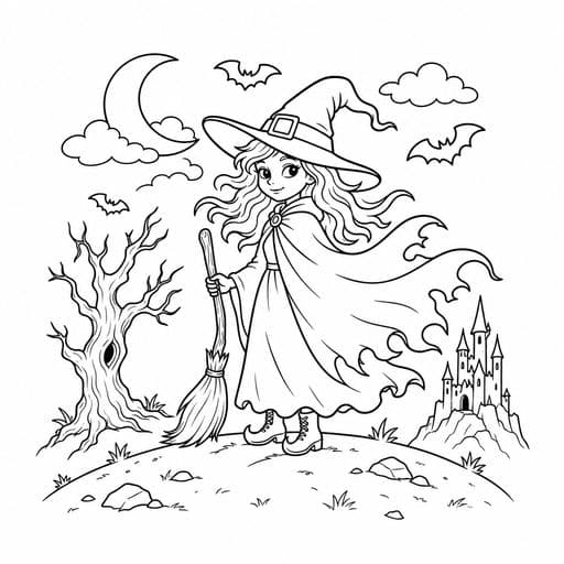 Witch standing under a crescent moon coloring page