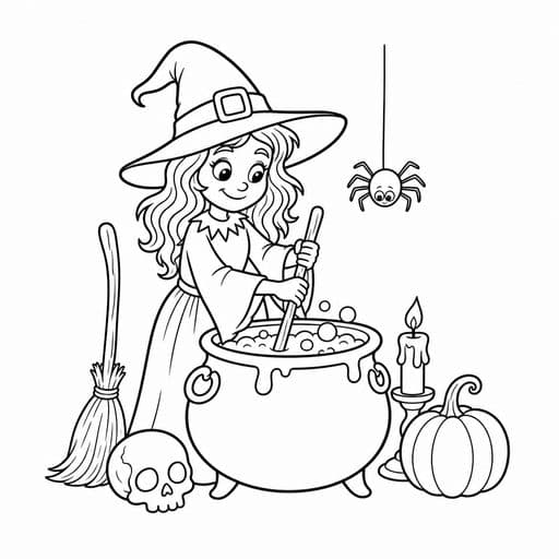 Witch stirring her cauldron coloring page