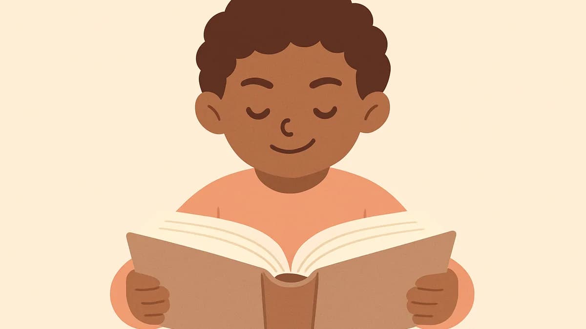 A young child confidently reading a thick chapter book far above a typical beginner level