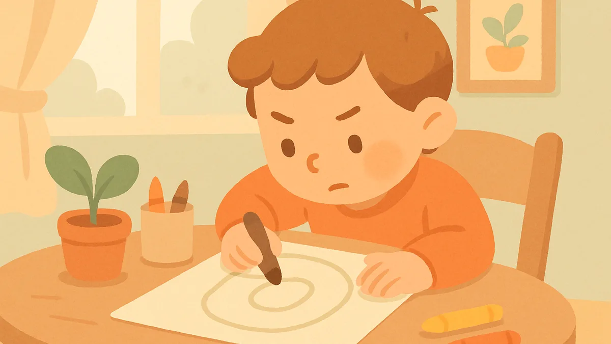 A child tracing a large letter shape on paper with a focused, determined expression