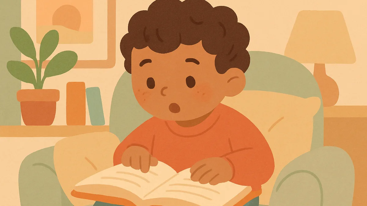A child looking thoughtfully at a page of a book, sounding out a word carefully