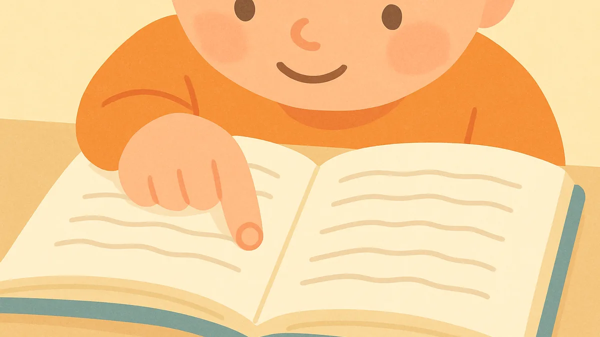 A child's finger tracking along a line of text while reading a book