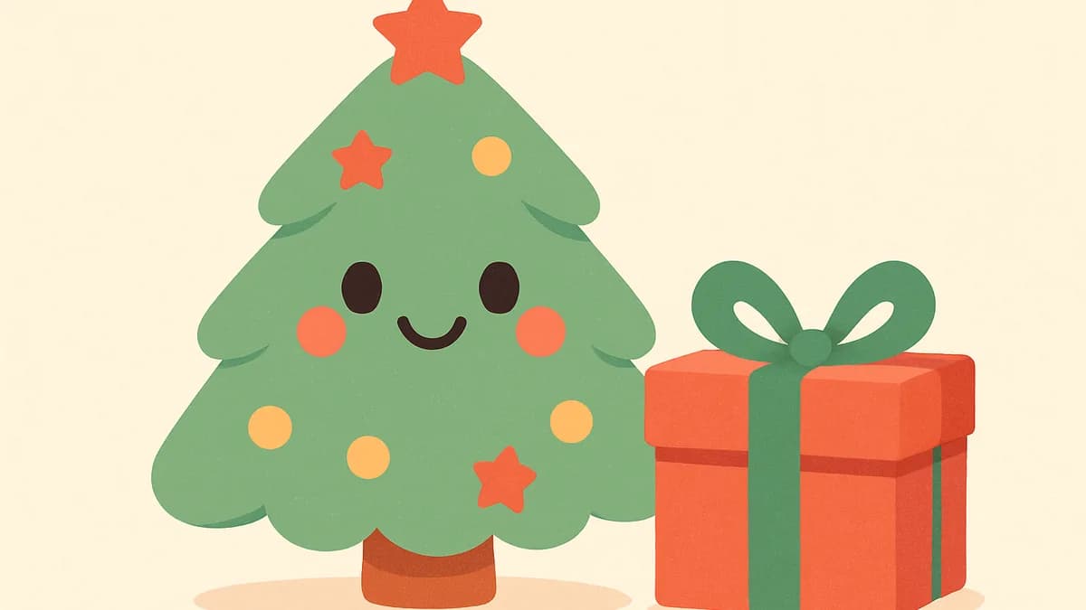 A cute cartoon Christmas tree and gift box sitting together, festive but simple