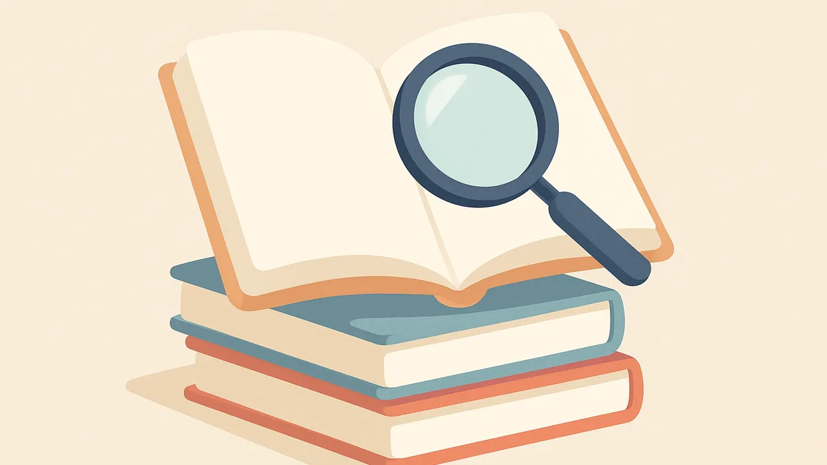 A small stack of simple books with a magnifying glass over one page, representing careful phonics-matched reading practice