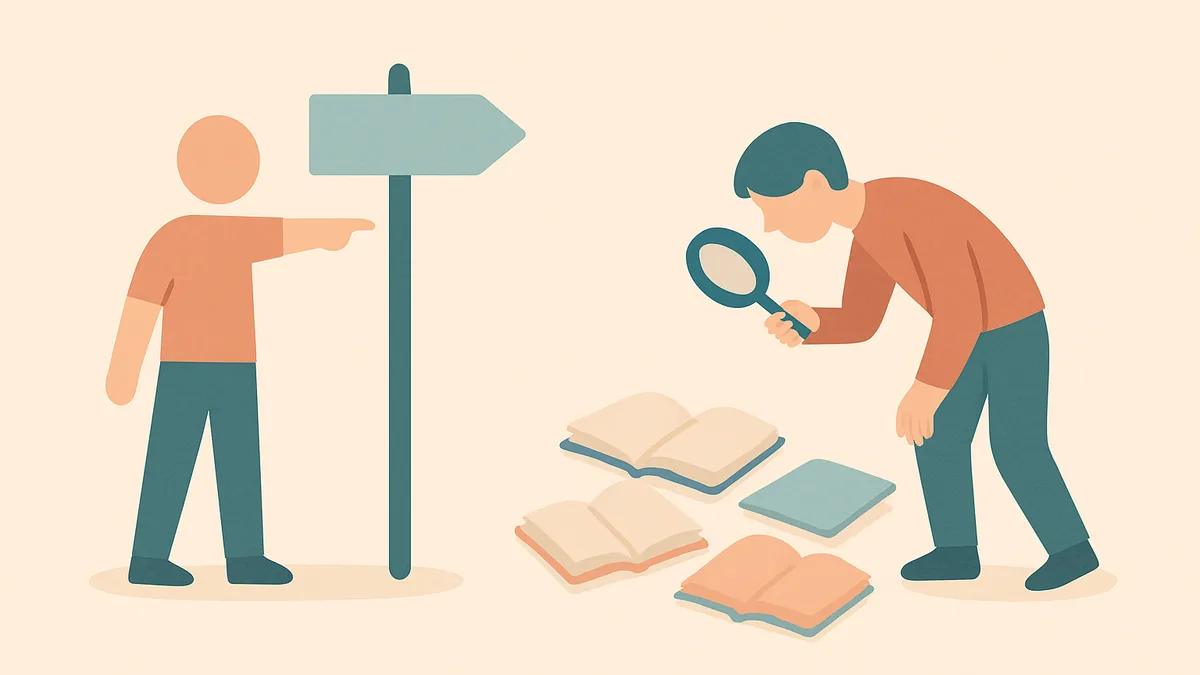 A teacher pointing directly at a rule sign versus a child searching through scattered books for patterns, representing explicit and implicit instruction